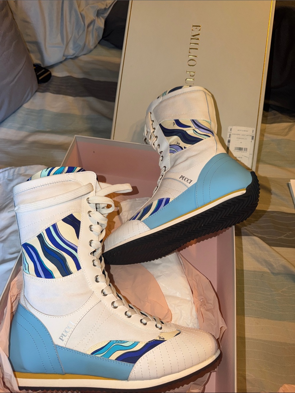 Emilio Pucci White Leather High-Top Sneakers with Blue Accents - Picture 2 of 6